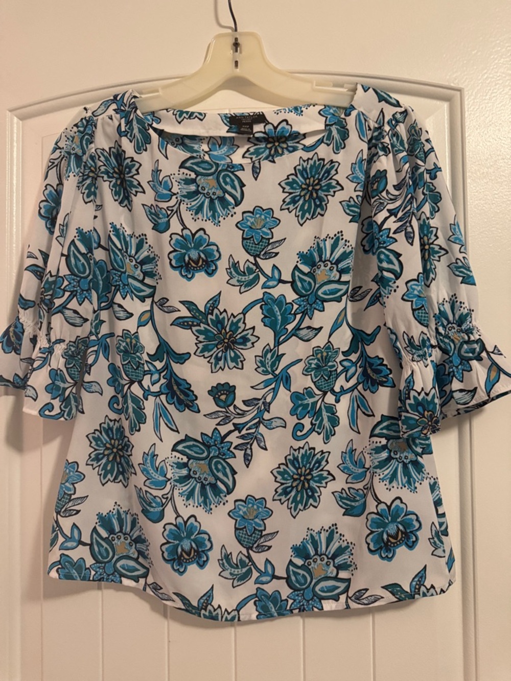Ann Taylor Factory White Top with Blue Floral Print